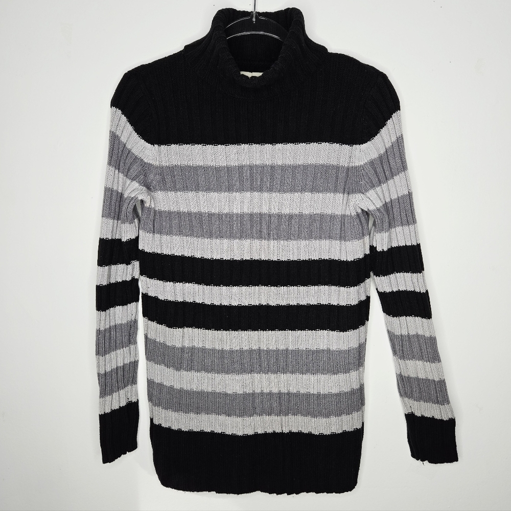 Vintage Y2K Sonoma Ribbed Turtleneck Sweater L Striped 100% Cotton Black Preppy